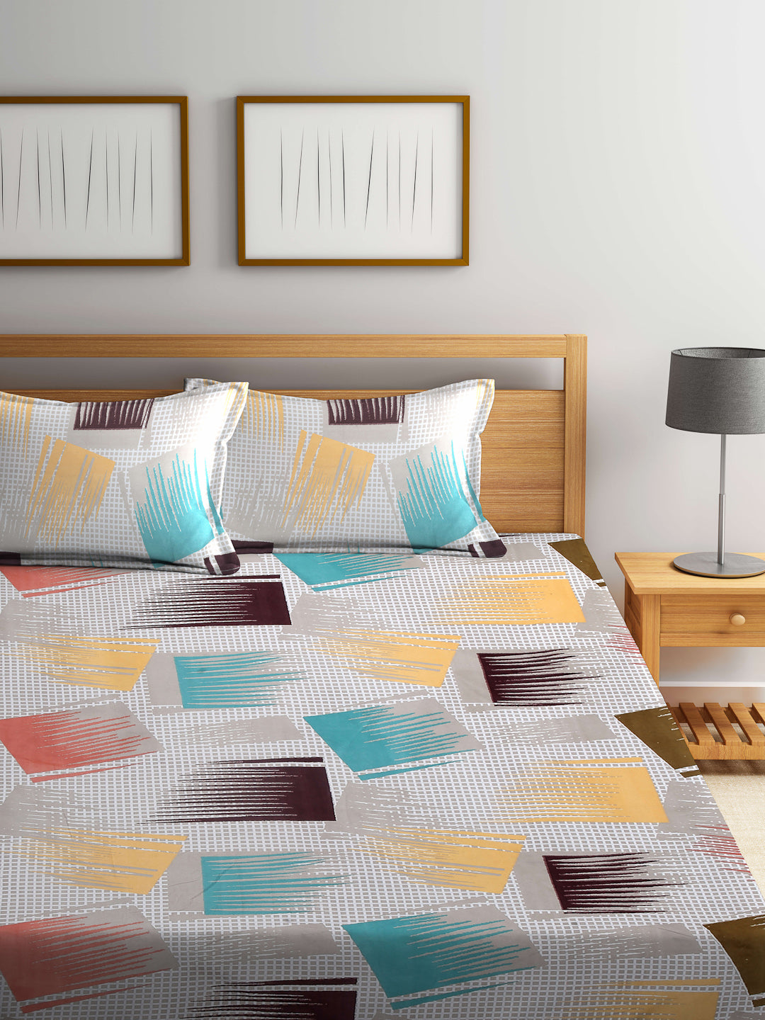 Arrabi Multi Graphic TC Cotton Blend Double Size Bedsheet with 2 Pillow Covers (250 x 215 cm)