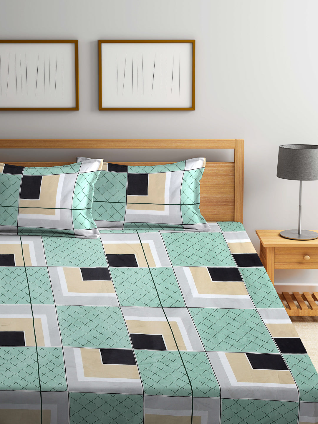 Arrabi Green Geometric TC Cotton Blend Double Size Bedsheet with 2 Pillow Covers (250 x 215 cm)
