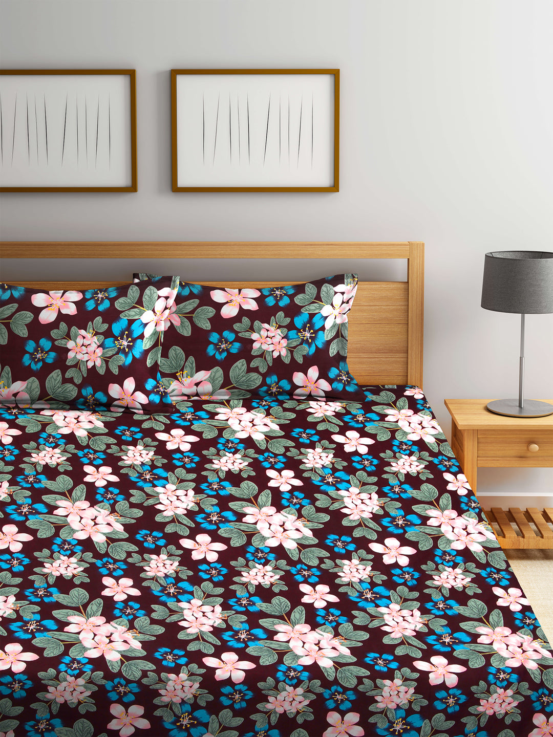 Arrabi Multi Floral TC Cotton Blend King Size Fitted Bedsheet with 2 Pillow Covers (250 X 215 Cm )