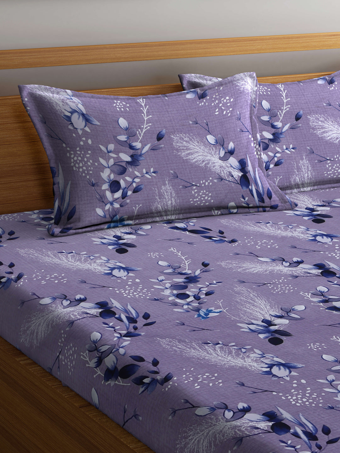 Arrabi Grey Leaf TC Cotton Blend King Size Fitted Bedsheet with 2 Pillow Covers(250 X 215 Cm )
