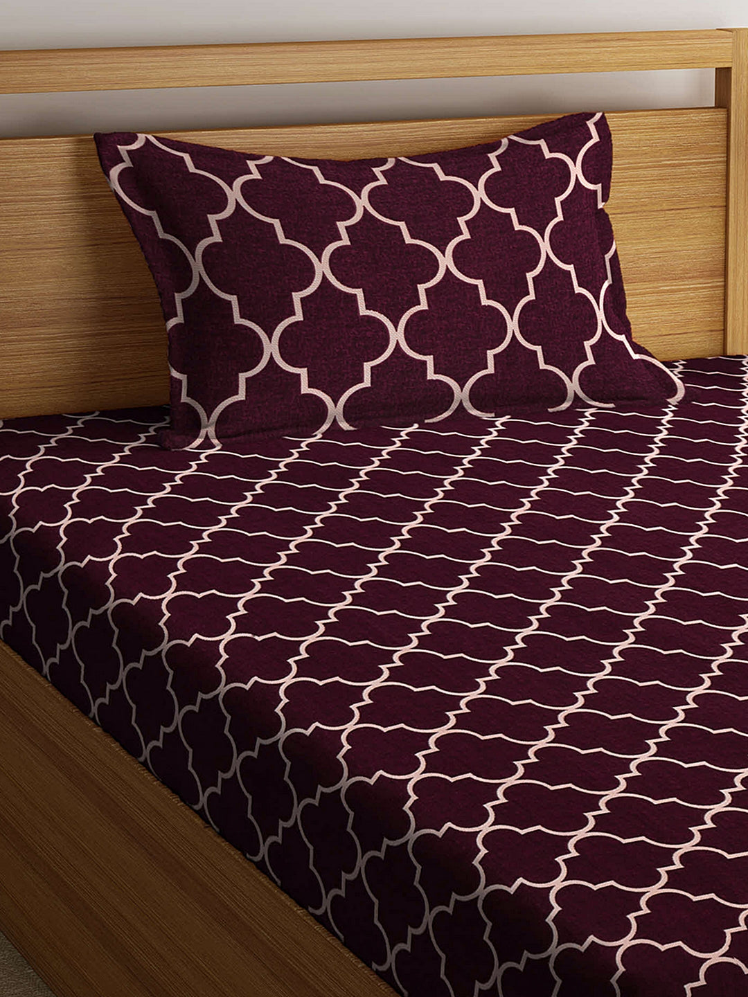 Arrabi Brown Graphic TC Cotton Blend Single Size Fitted Bedsheet with 1 Pillow Cover (220 X 150 cm)