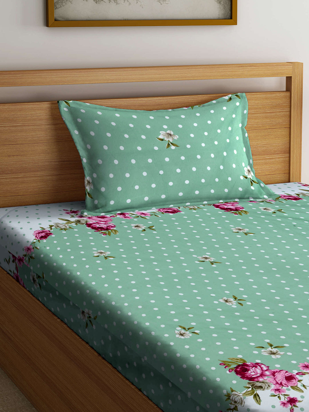 Arrabi Green Floral TC Cotton Blend Single Size Fitted Bedsheet with 1 Pillow Cover (220 X 150 cm)