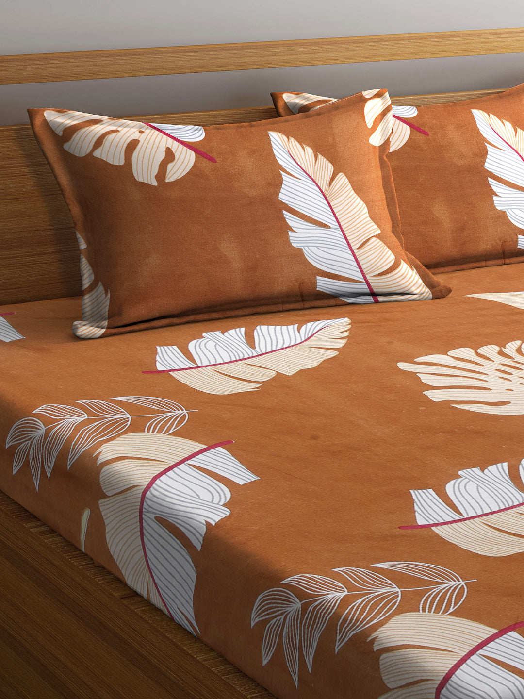 Arrabi Brown Leaf TC Cotton Blend Double Size Bedsheet with 2 Pillow Covers (250 x 215 cm)