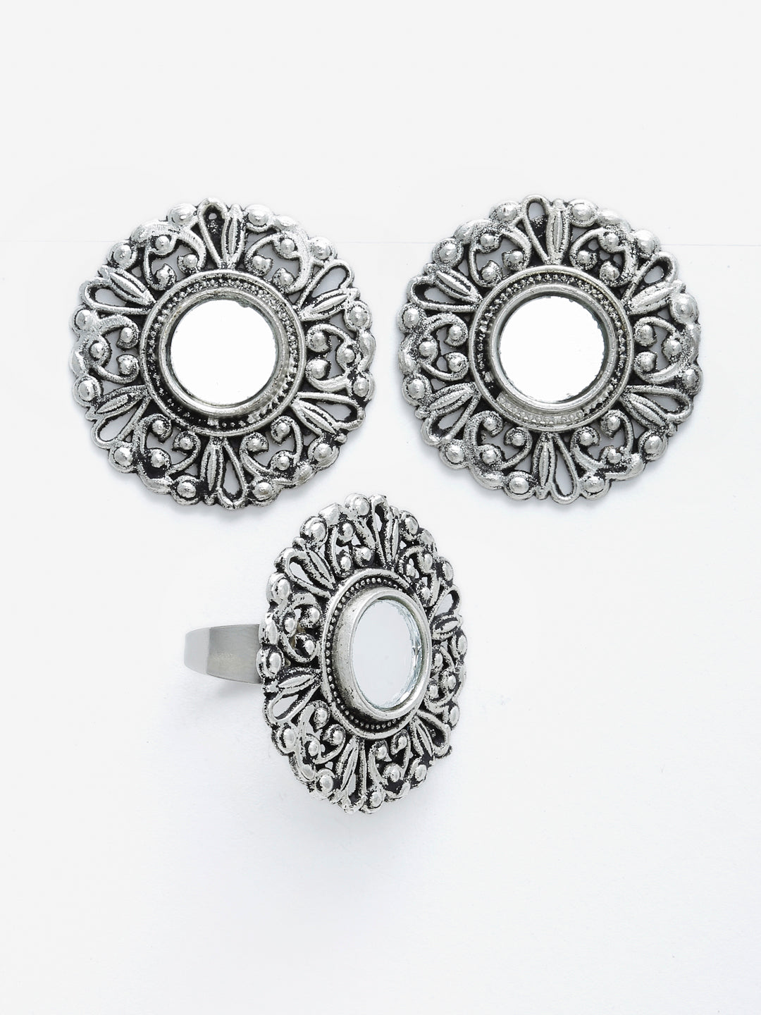 Arrabi Metallic Oxidised Jewellery Set with 2 Earrings and 1 Ring (40 cm)