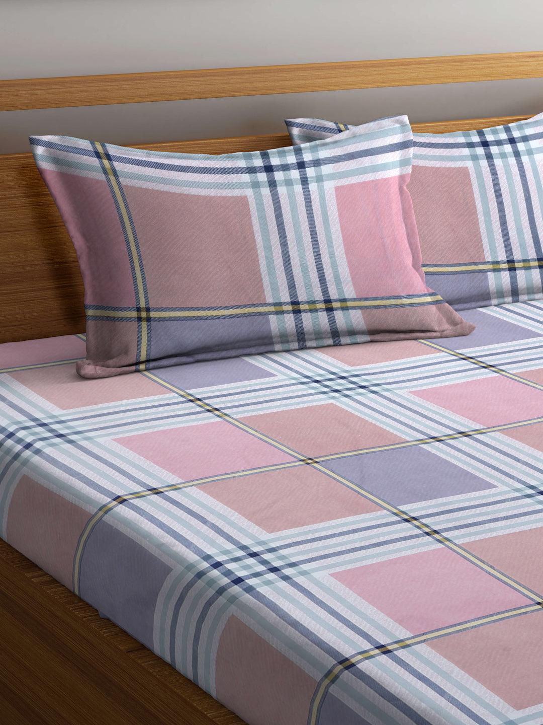 Arrabi Multi Checks TC Cotton Blend King Size Bedsheet with 2 Pillow Covers (250 X 215 cm)