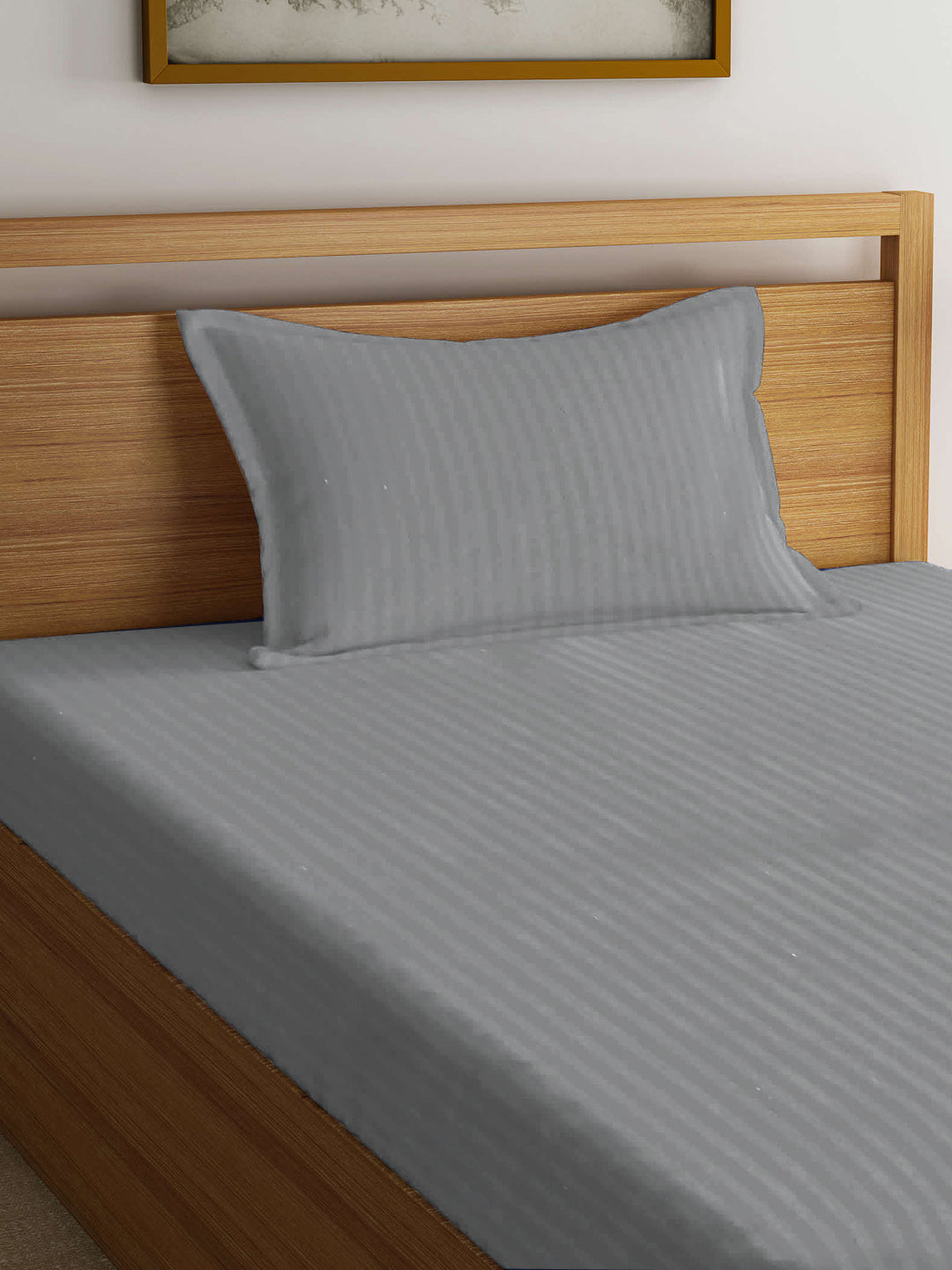 Arrabi Grey Stripes TC Cotton Blend Single Size Bedsheet with 1 Pillow Cover (220 X 150 cm)