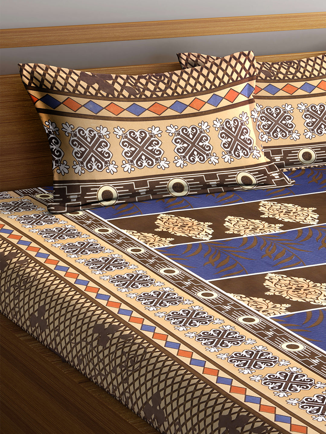 Arrabi Multi Indian TC Polycotton Double Size Bedsheet with 2 Pillow Cover (255 x 225 cm)