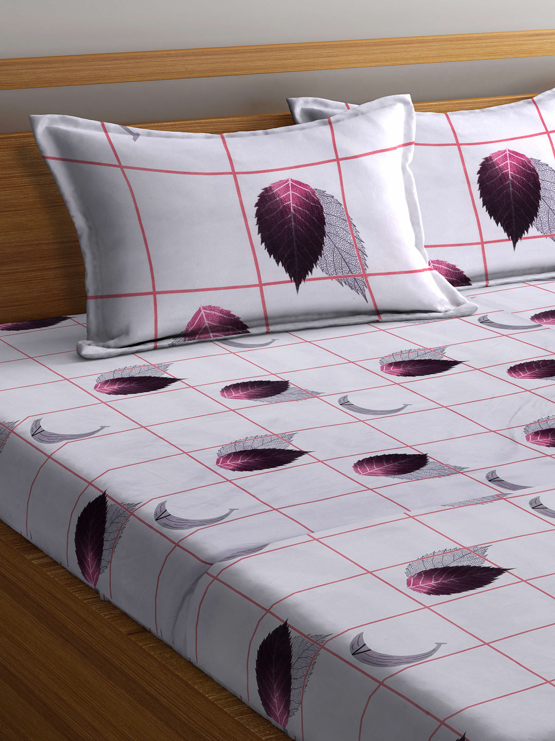Arrabi Grey Leaf TC Cotton Blend King Size Bedsheet with 2 Pillow Covers (250 X 220 cm)