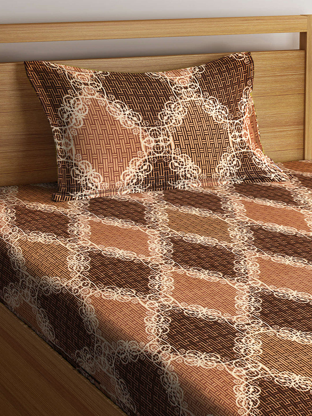 Arrabi Brown Abstract TC Cotton Blend Single Size Fitted Bedsheet with 1 Pillow Cover (220 X 150 cm)