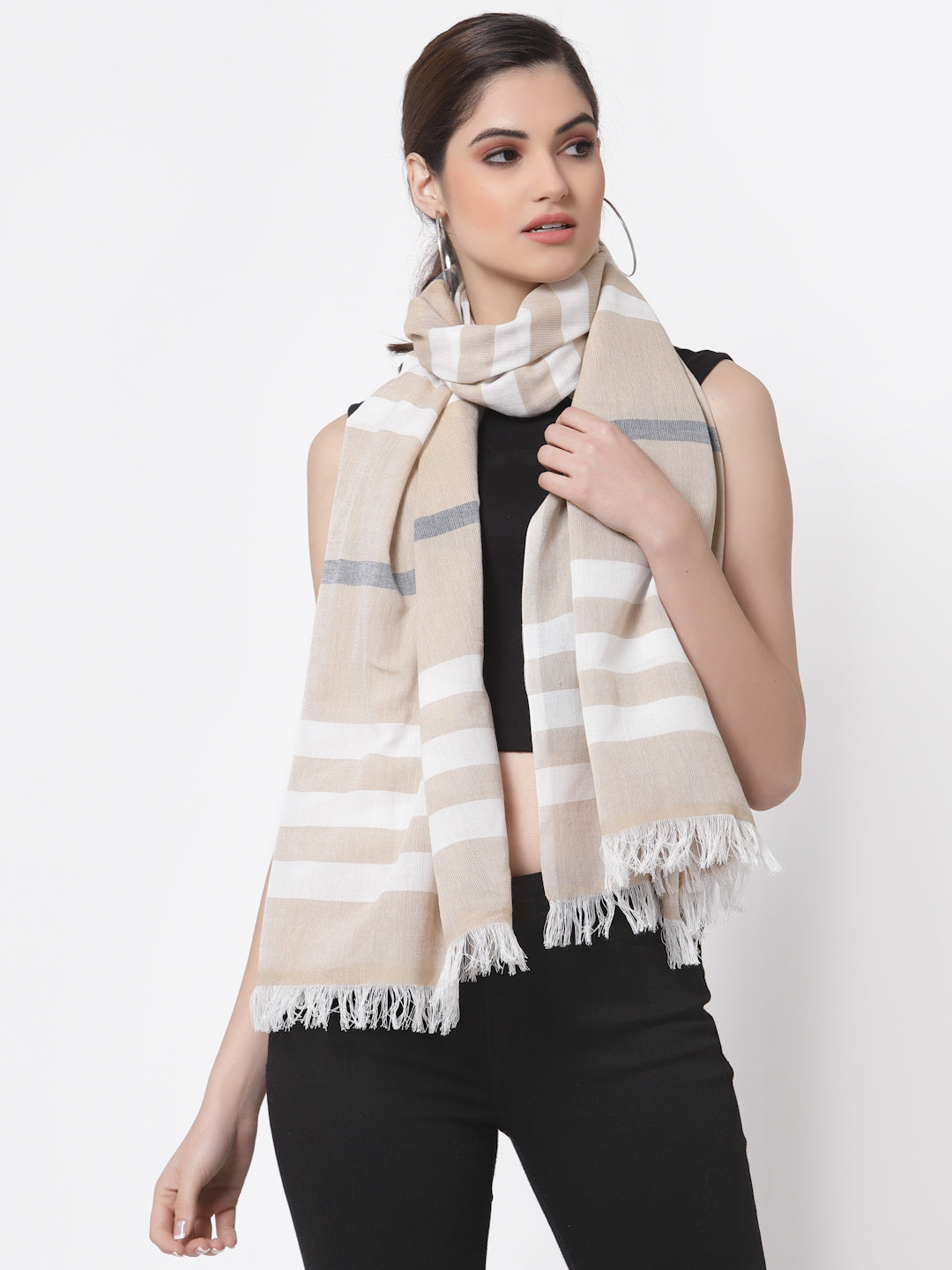 Arrabi Brown Stripes Handwoven Cotton Full Size Stole (185 x 85 cm)