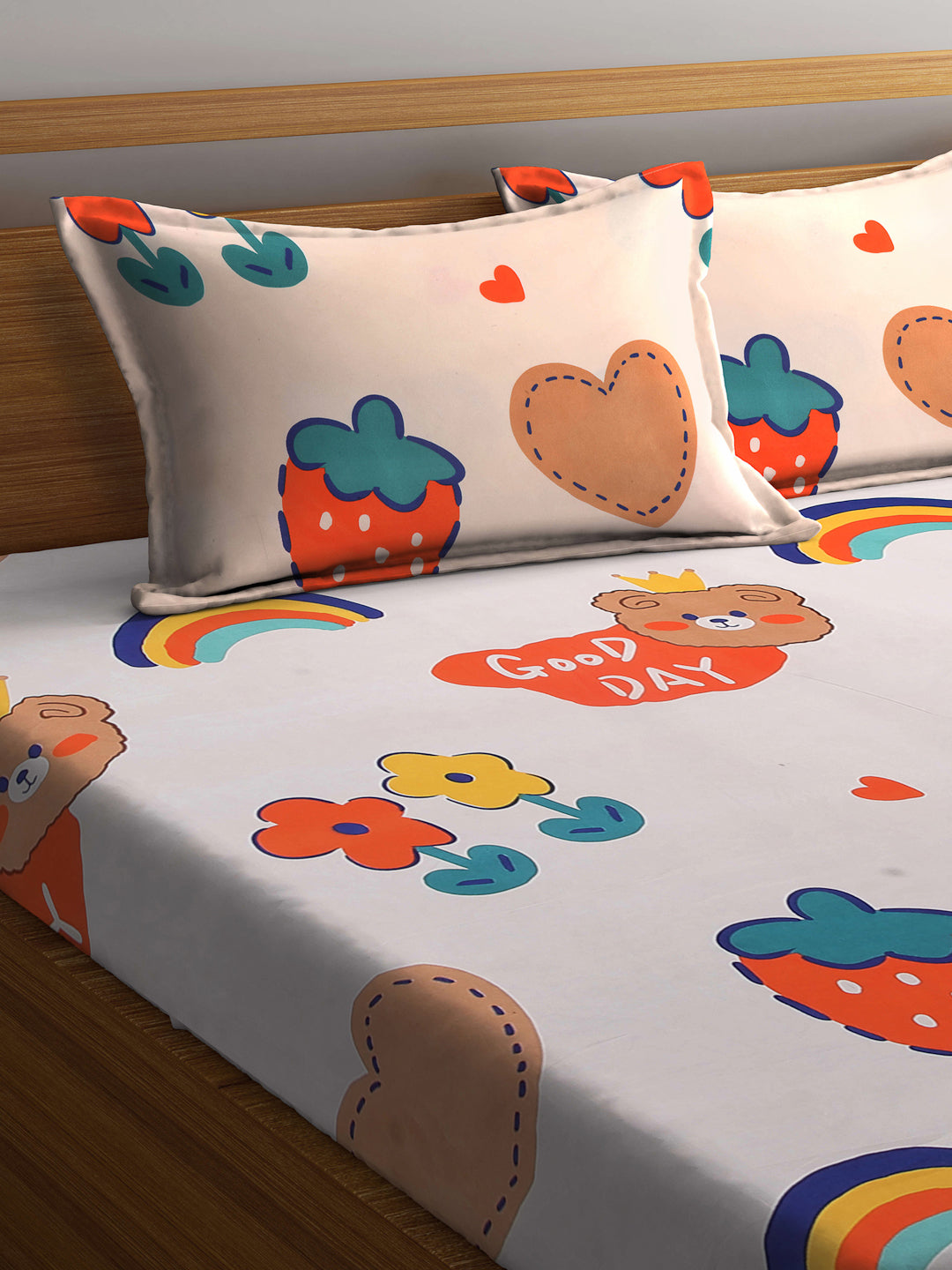 Arrabi Multi Cartoon TC Cotton Blend King Size Fitted Bedsheet with 2 Pillow Covers (250 X 215 Cm )