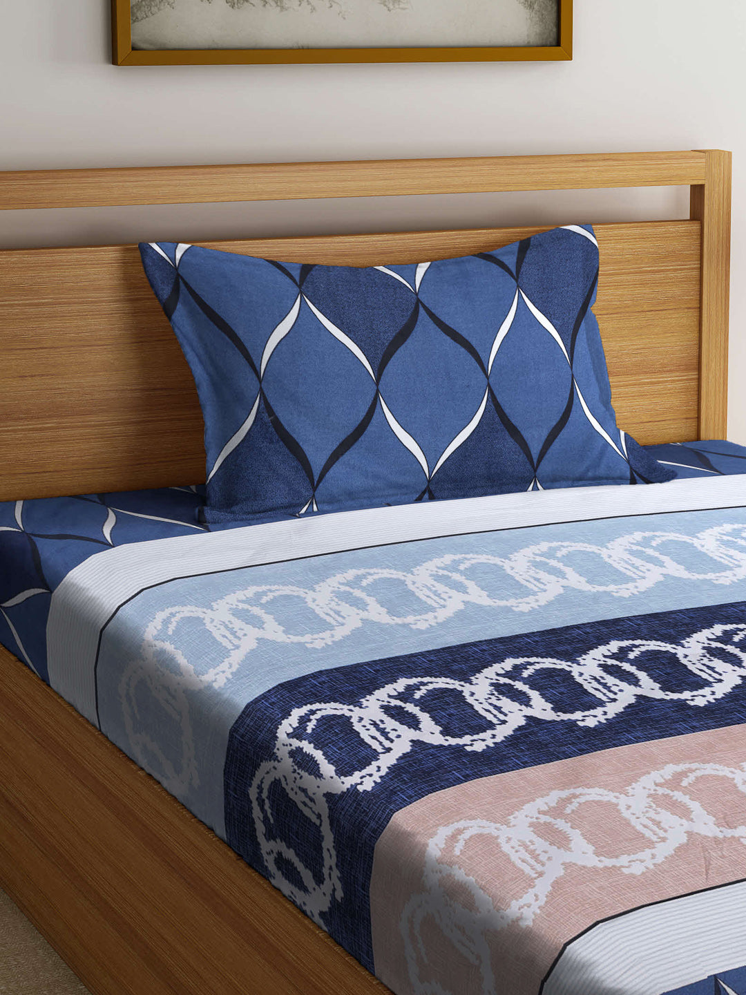 Arrabi Multi Graphic TC Cotton Blend Single Size Bedsheet with 1 Pillow Cover (220 X 150 cm)