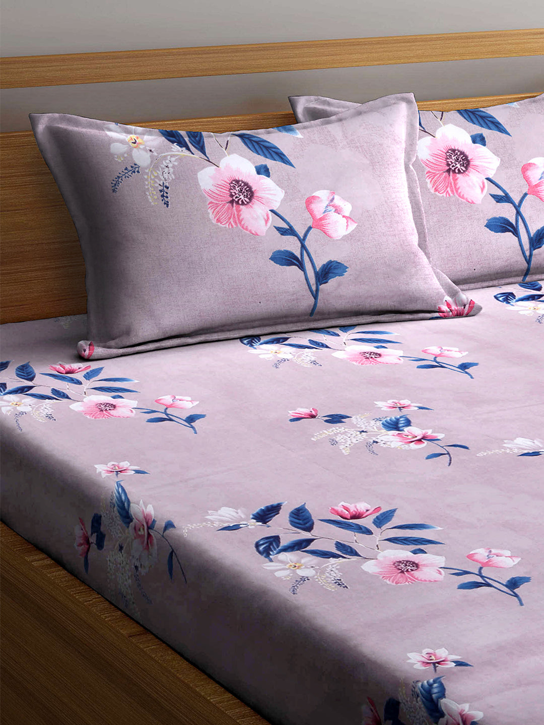 Arrabi Brown Floral TC Cotton Blend King Size Fitted Bedsheet with 2 Pillow Covers(250 X 215 Cm )