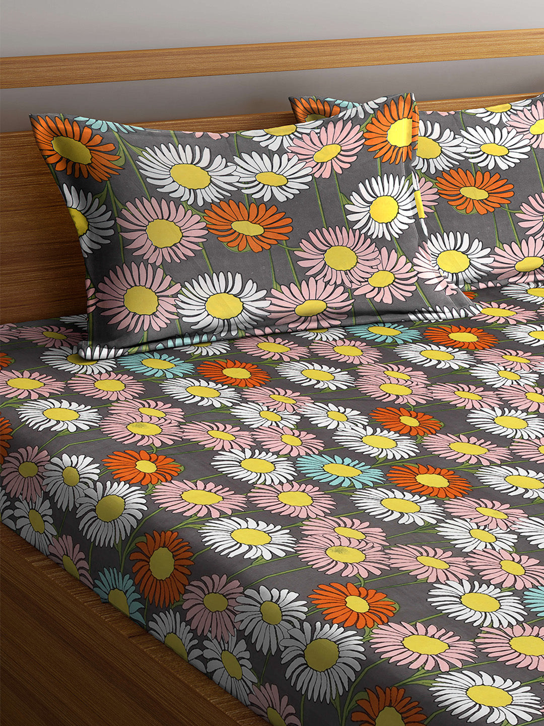 Arrabi Multi Floral TC Cotton Blend Double Size Bedsheet with 2 Pillow Cover
