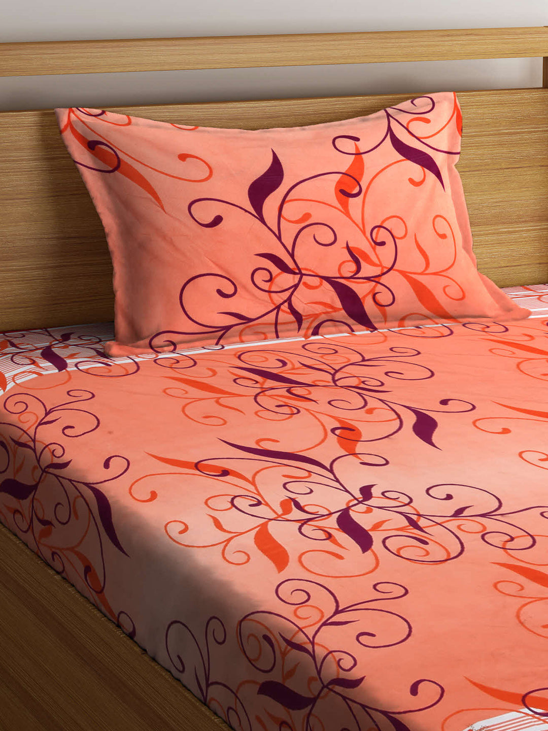 Arrabi Orange Indian TC Cotton Blend Single Size Fitted Bedsheet with 1 Pillow Cover (220 X 150 cm)