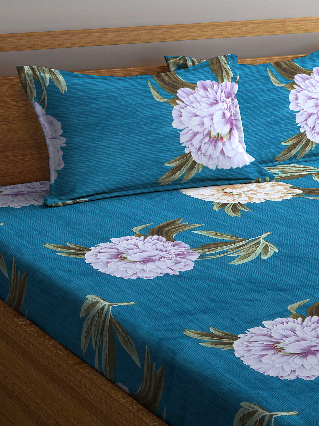 Arrabi Teal Floral TC Cotton Blend Double Size Bedsheet with 2 Pillow Covers