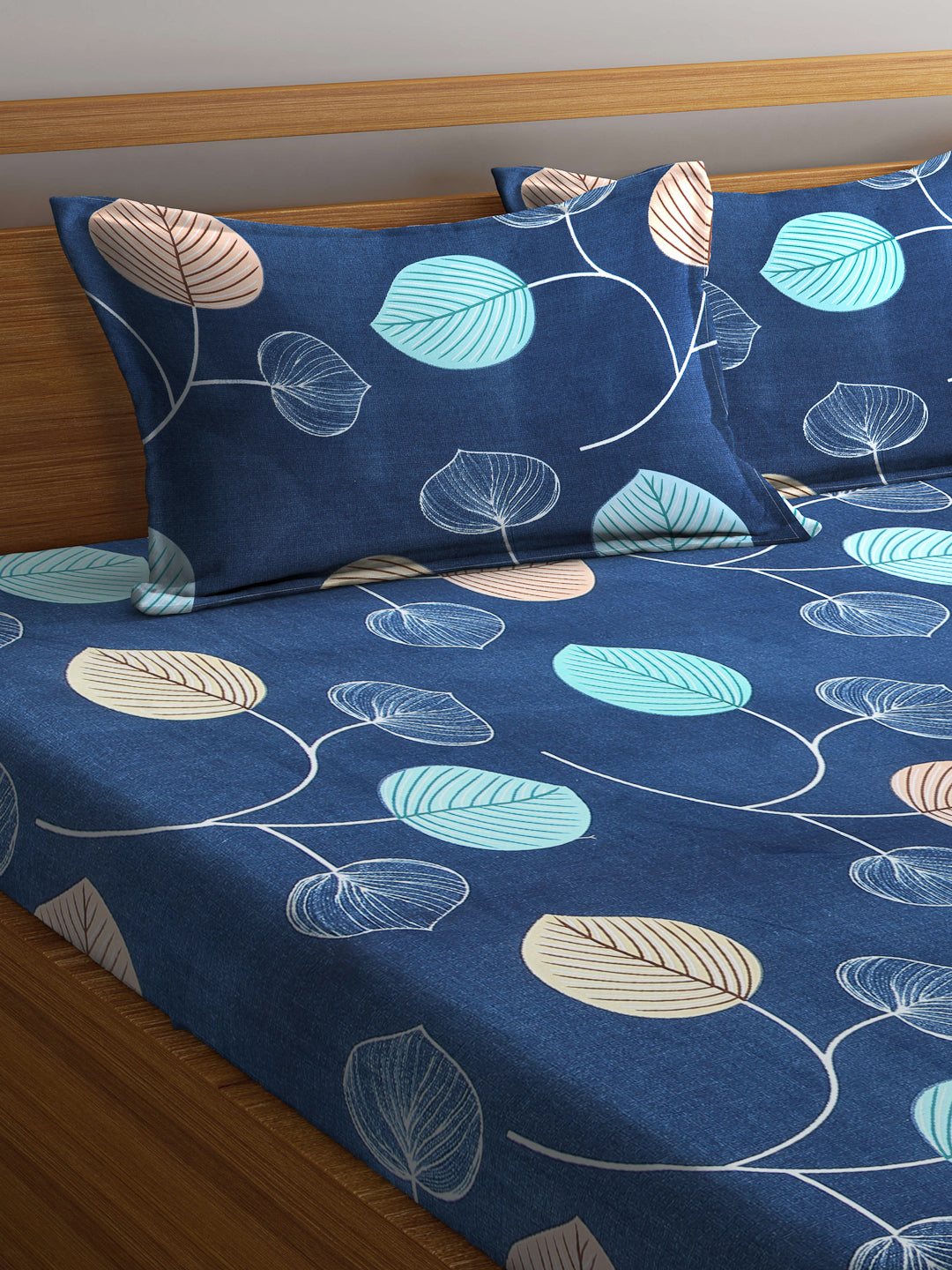 Arrabi Blue Leaf TC Cotton Blend Double Size Bedsheet with 2 Pillow Covers (250 x 215 cm)