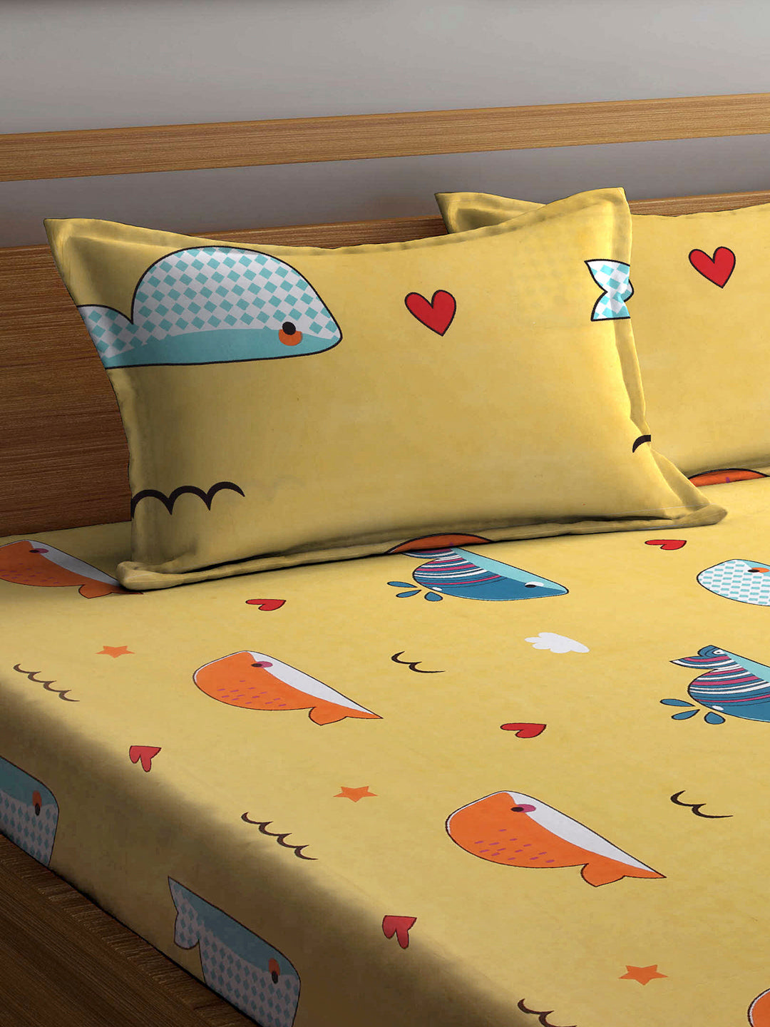 Arrabi Yellow Cartoon TC Cotton Blend Double Size Bedsheet with 2 Pillow Cover