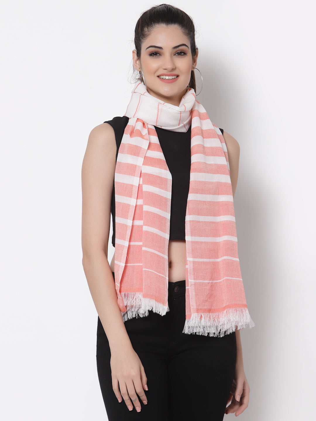 Arrabi Red Stripes Handwoven Cotton Full Size Stole (185 x 85 cm)