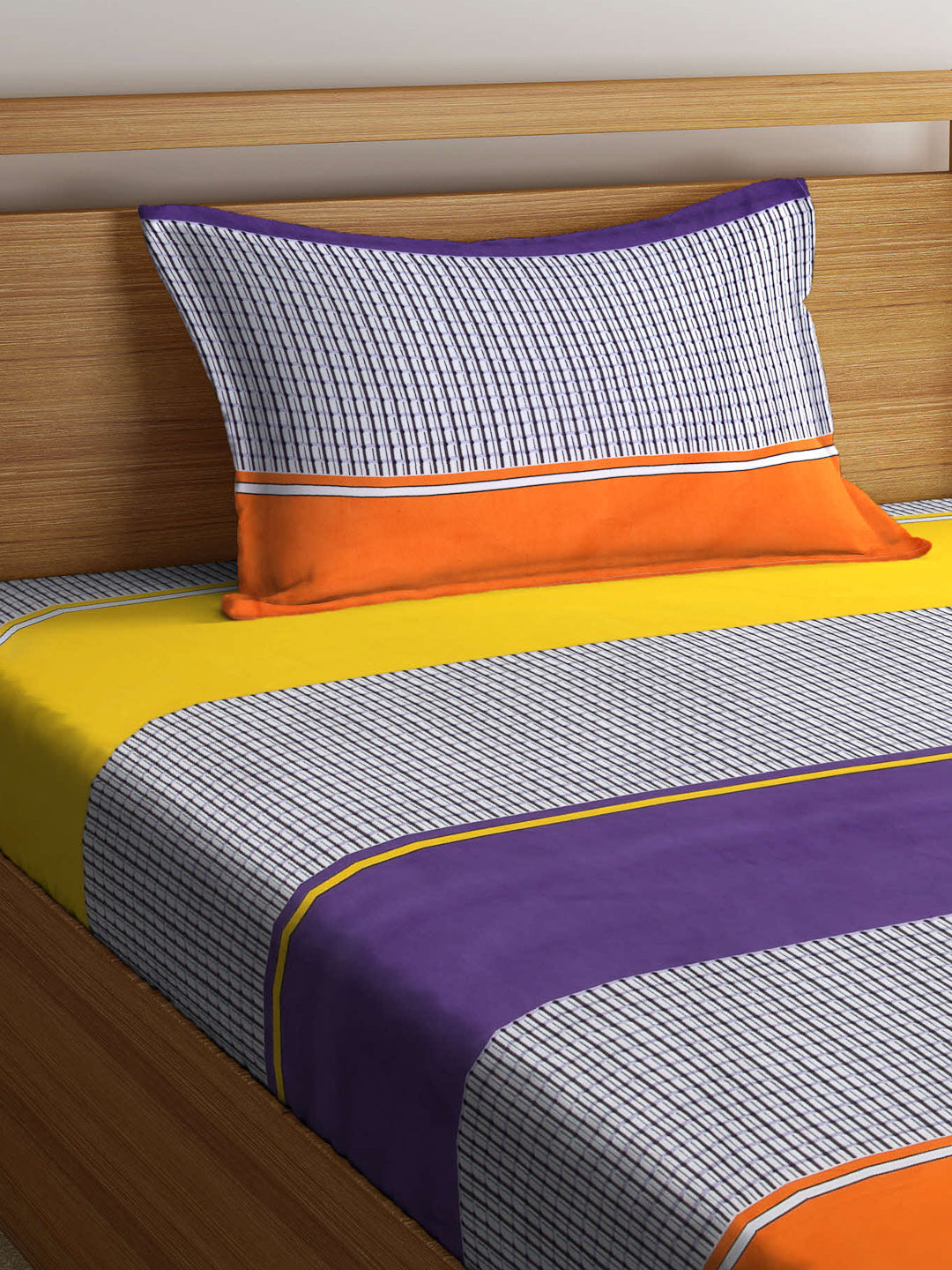 Arrabi Multi Stripes TC Cotton Blend Single Size Fitted Bedsheet with 1 Pillow Cover (220 X 150 cm)
