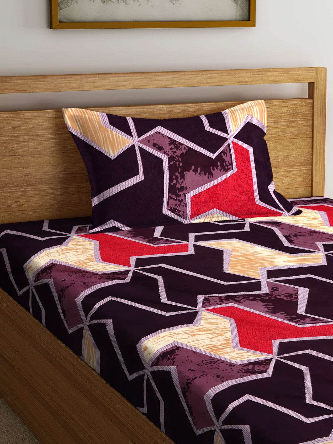 Arrabi Brown Abstract TC Cotton Blend Single Size Fitted Bedsheet with 1 Pillow Cover (220 X 150 cm)