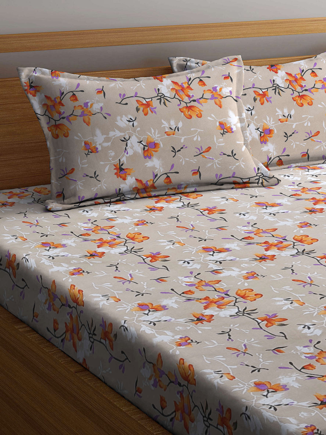 Arrabi Beige Floral TC Cotton Blend Double Size Bedsheet with 2 Pillow Covers (250 x 220 cm)