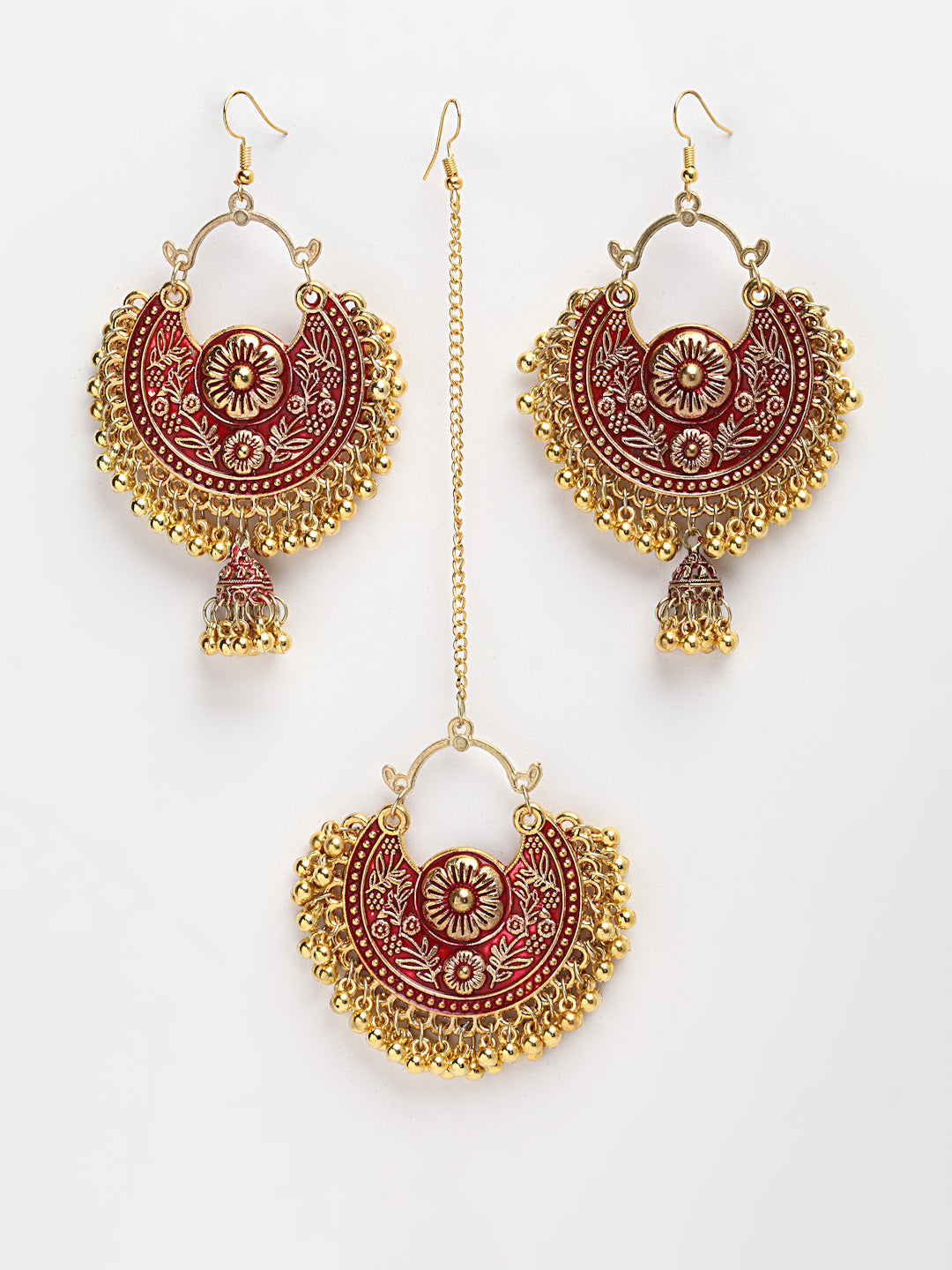 Arrabi Multi Oxidised Kundan Studded Maang Tika & Earrings Set (17 cm)