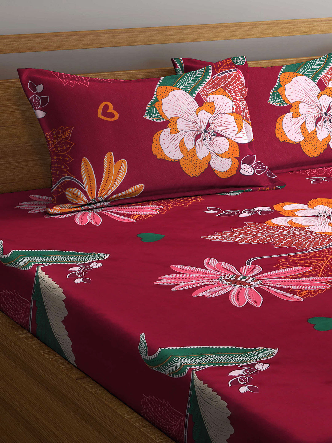Arrabi Red Floral TC Cotton Blend Double Size Bedsheet with 2 Pillow Covers
