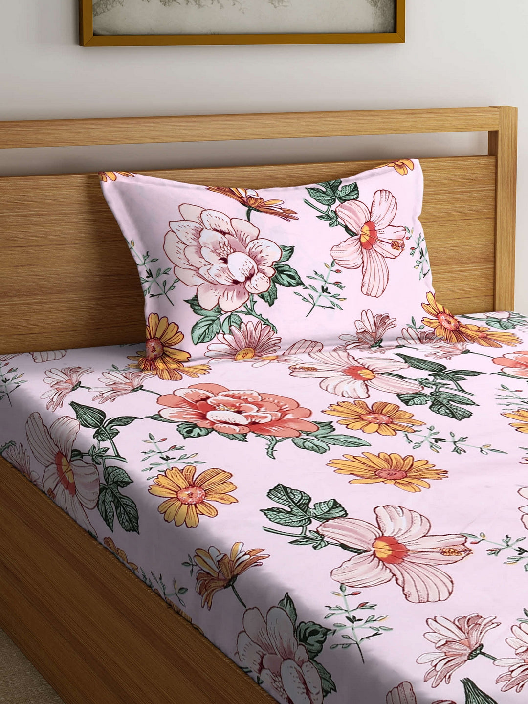 Arrabi Multi Floral TC Cotton Blend Single Size Bedsheet with 1 Pillow Cover (220 X 150 cm)
