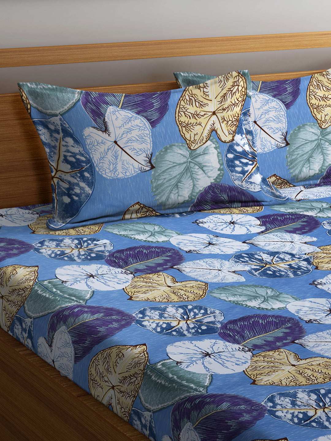 Arrabi Blue Leaf TC Cotton Blend Super King Size Fitted Bedsheet with 2 Pillow Covers(270 X 260 Cm )