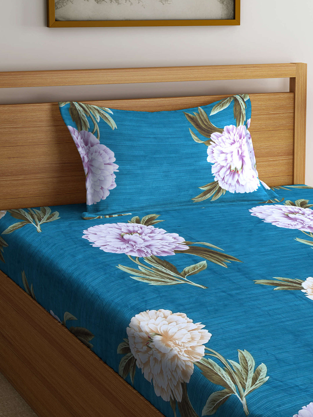 Arrabi Teal Floral TC Cotton Blend Single Size Bedsheet with 1 Pillow Cover (220 X 150 cm)