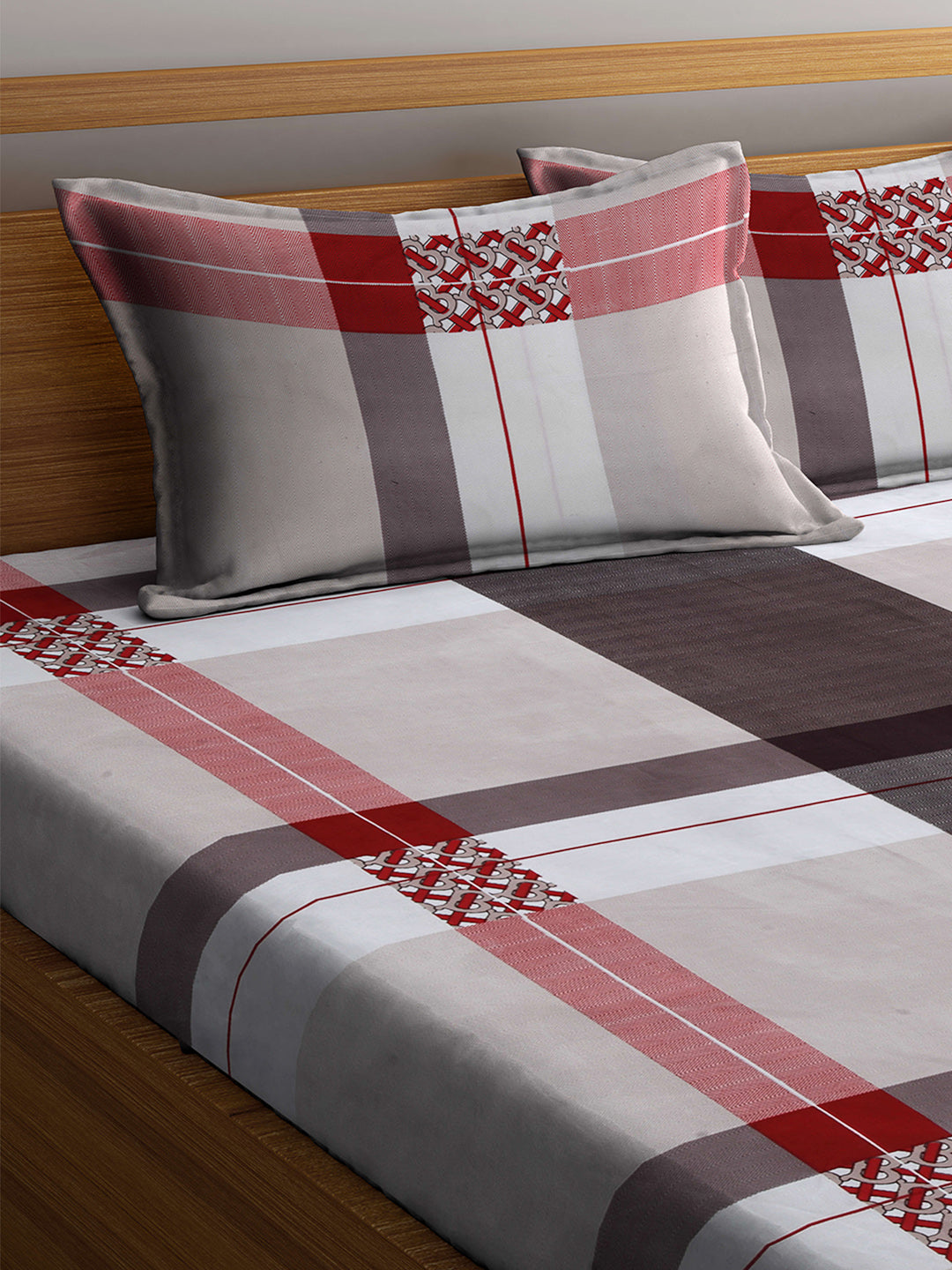 Arrabi Beige Stripes TC Cotton Blend Double Size Bedsheet with 2 Pillow Cover