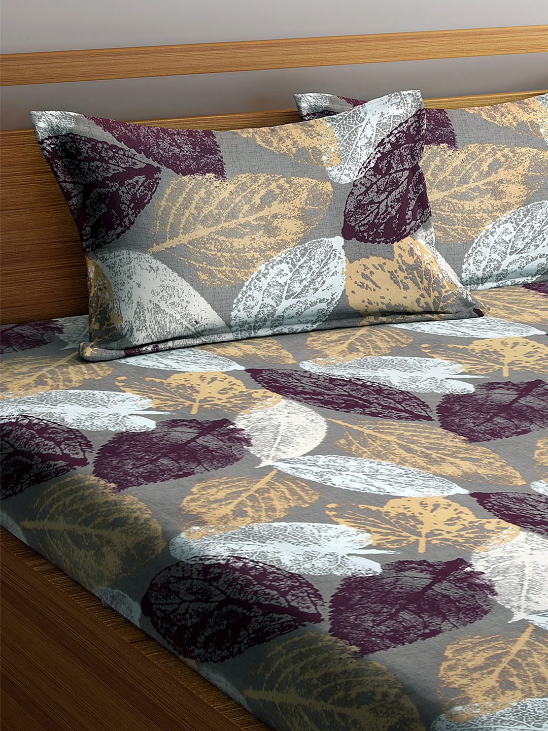 Arrabi Multi Leaf TC Cotton Blend Double Size Fitted Bedsheet with 2 Pillow Covers (250 X 220 cm)