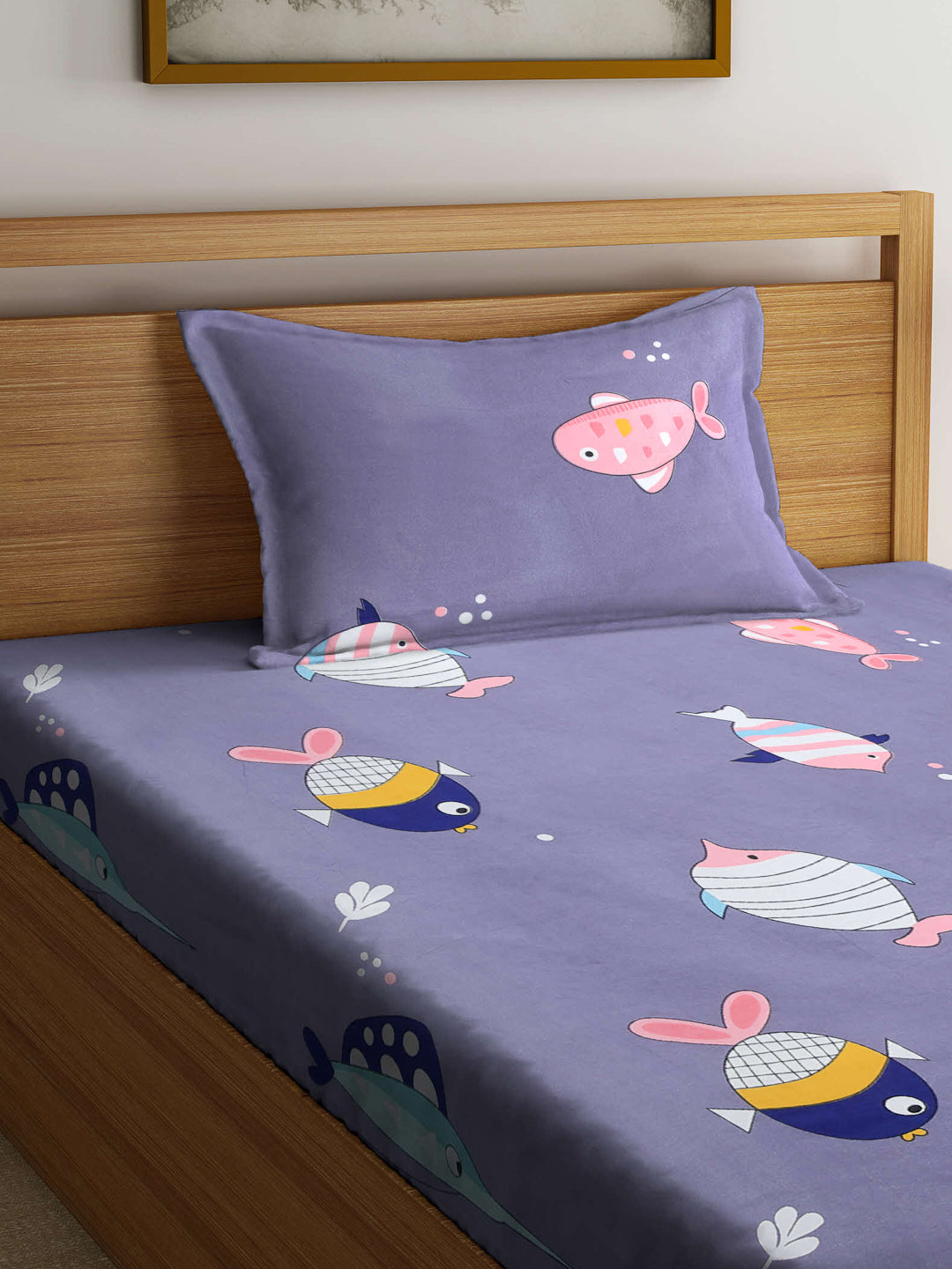 Arrabi Grey Cartoon TC Cotton Blend Single Size Fitted Bedsheet with 1 Pillow Cover (220 X 150 cm)
