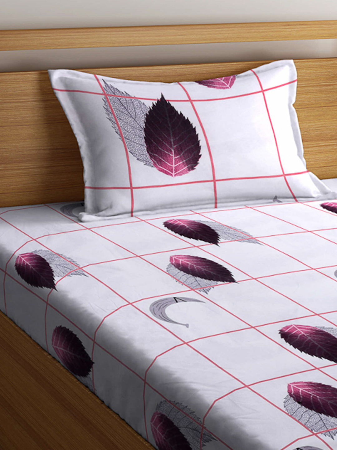 Arrabi Grey Leaf TC Cotton Blend Single Size Bedsheet with 1 Pillow Cover ( 220 X 150 cm)