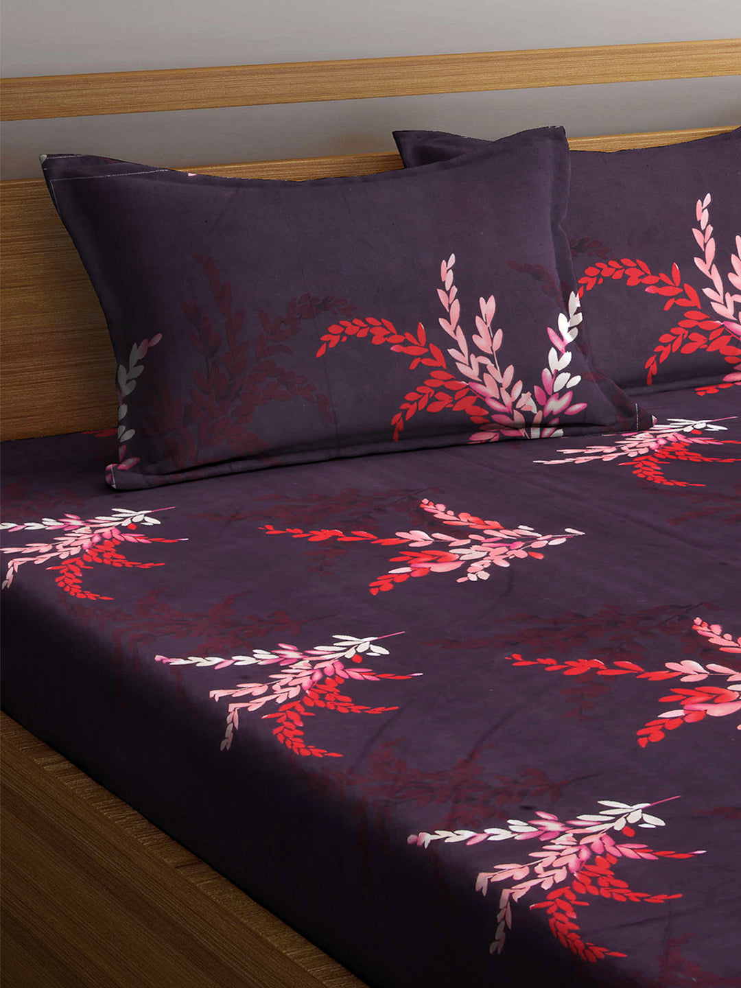 Arrabi Brown Leaf TC Cotton Blend Double Size Bedsheet with 2 Pillow Cover