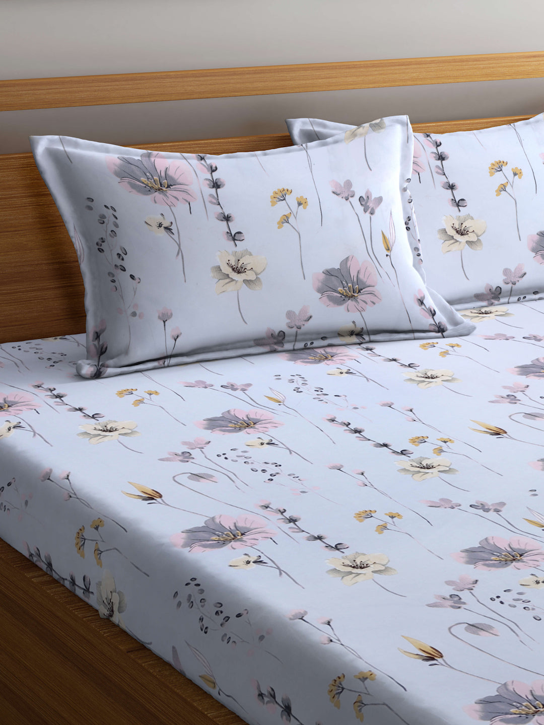 Arrabi Grey Floral TC Cotton Blend King Size Bedsheet with 2 Pillow Covers (250 X 215 cm)