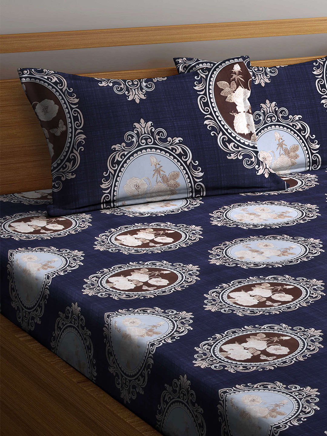 Arrabi Blue Indian TC Cotton Blend Double Size Fitted Bedsheet with 2 Pillow Covers (250 X 220 cm)