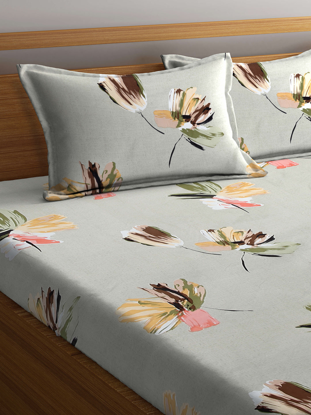 Arrabi Green Floral TC Cotton Blend King Size Fitted Bedsheet with 2 Pillow Covers (250 X 220 Cm )
