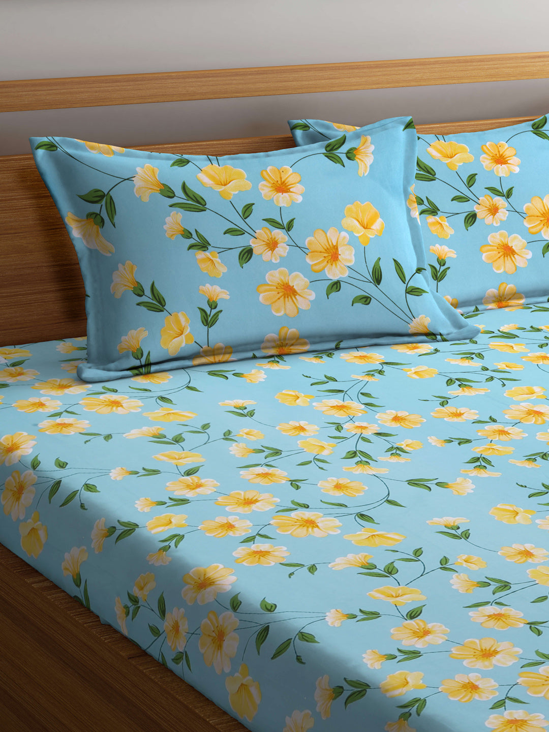 Arrabi Teal Floral TC Cotton Blend King Size Fitted Bedsheet with 2 Pillow Covers(250 X 215 Cm )