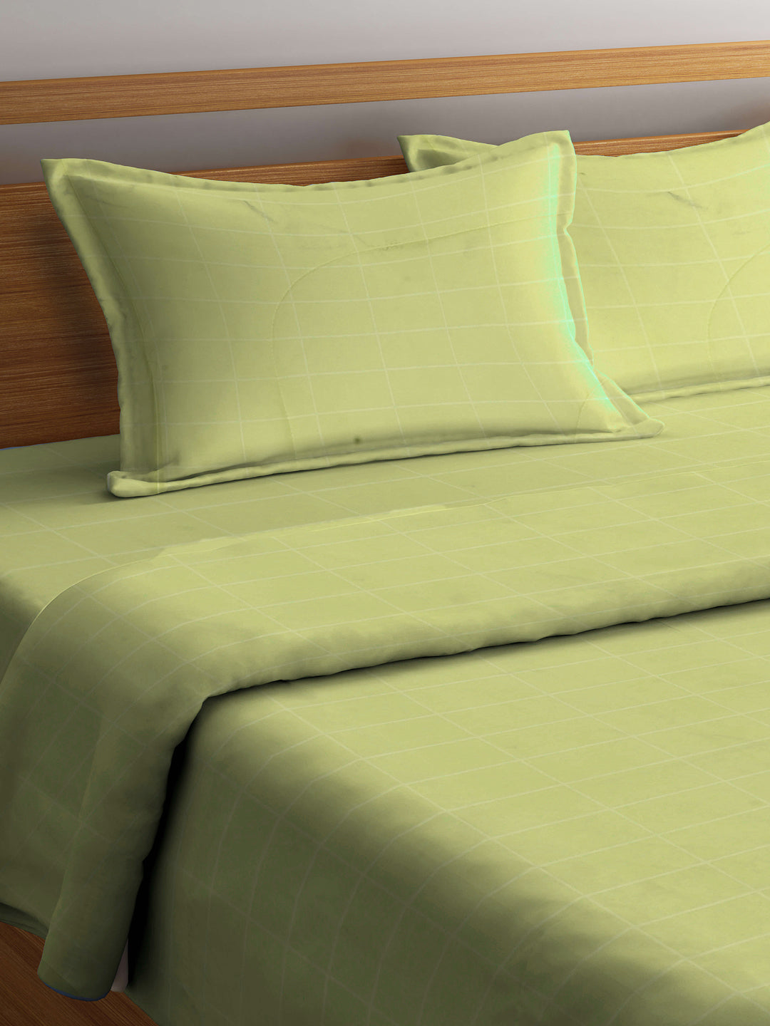 Arrabi Green Check TC Cotton Blend Double Size Comforter Bedding Set with 2 Pillow Cover