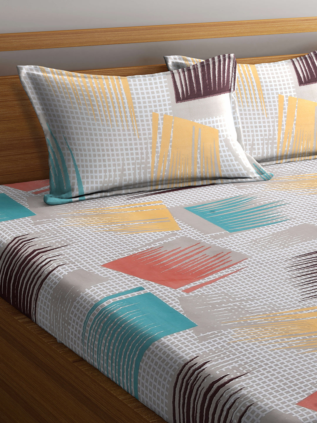 Arrabi Multi Graphic TC Cotton Blend Double Size Bedsheet with 2 Pillow Covers (250 x 215 cm)