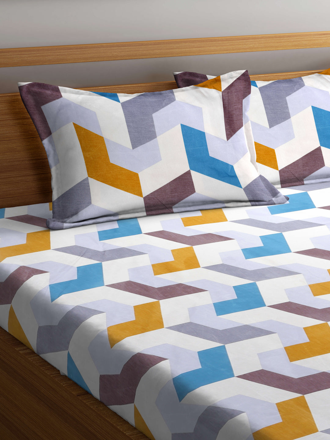 Arrabi Multi Geometric TC Cotton Blend Super King Size Fitted Bedsheet with 2 Pillow Covers(270 X 260 Cm )