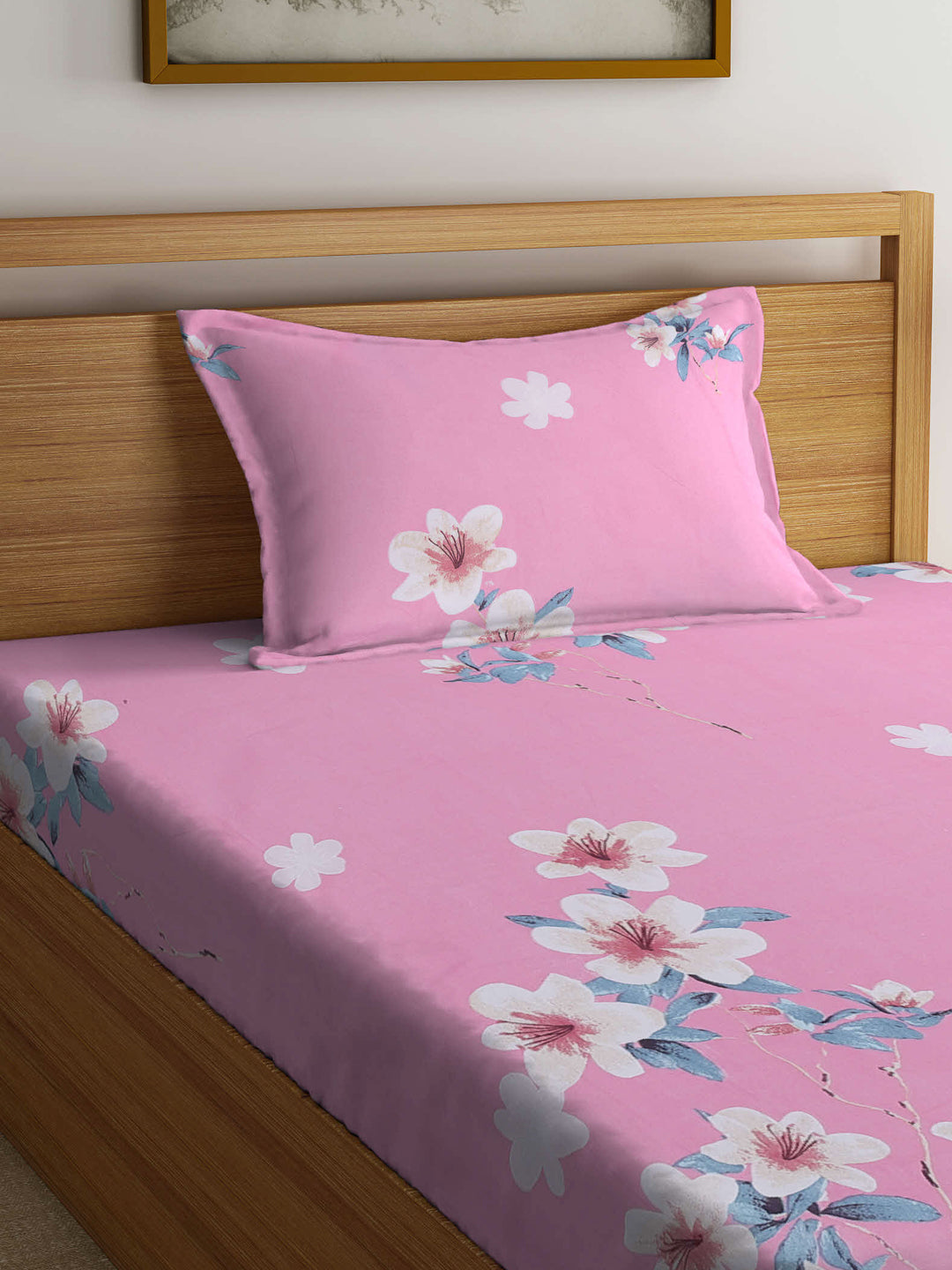 Arrabi Pink Floral TC Cotton Blend Single Size Bedsheet with 1 Pillow Cover (220 X 150 cm)