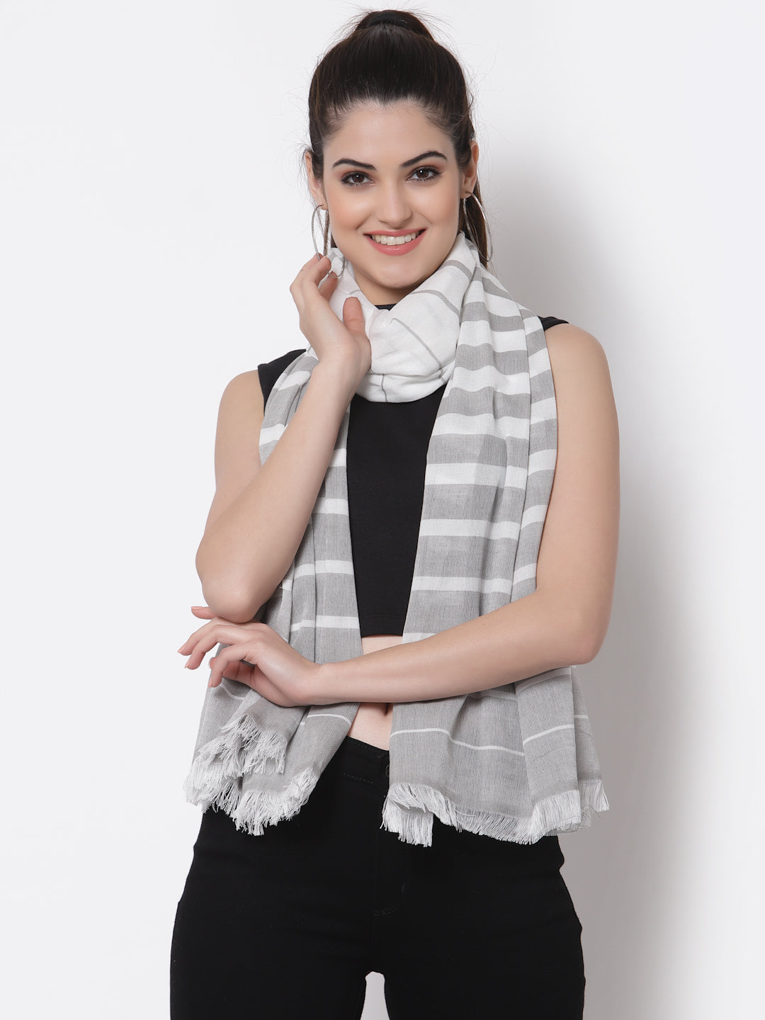 Arrabi Grey Stripes Handwoven Cotton Full Size Stole (185 x 85 cm)