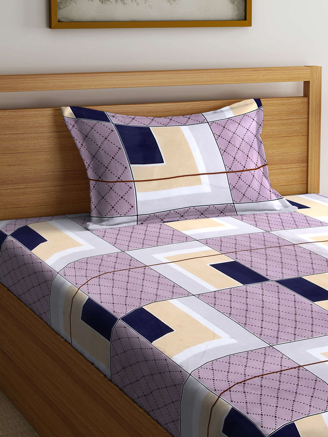 Arrabi Multi Geometric TC Cotton Blend Single Size Fitted Bedsheet with 1 Pillow Cover (220 X 150 cm)
