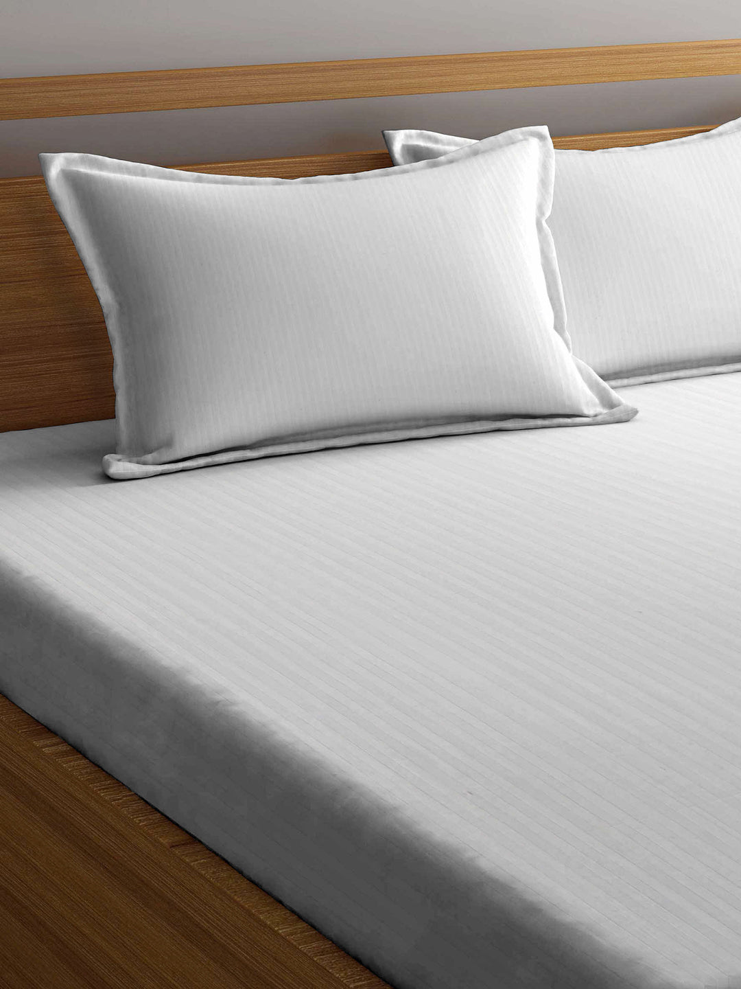 Arrabi White Stripes TC Cotton Blend Double Size Fitted Bedsheet with 2 Pillow Covers (250 X 220 cm)