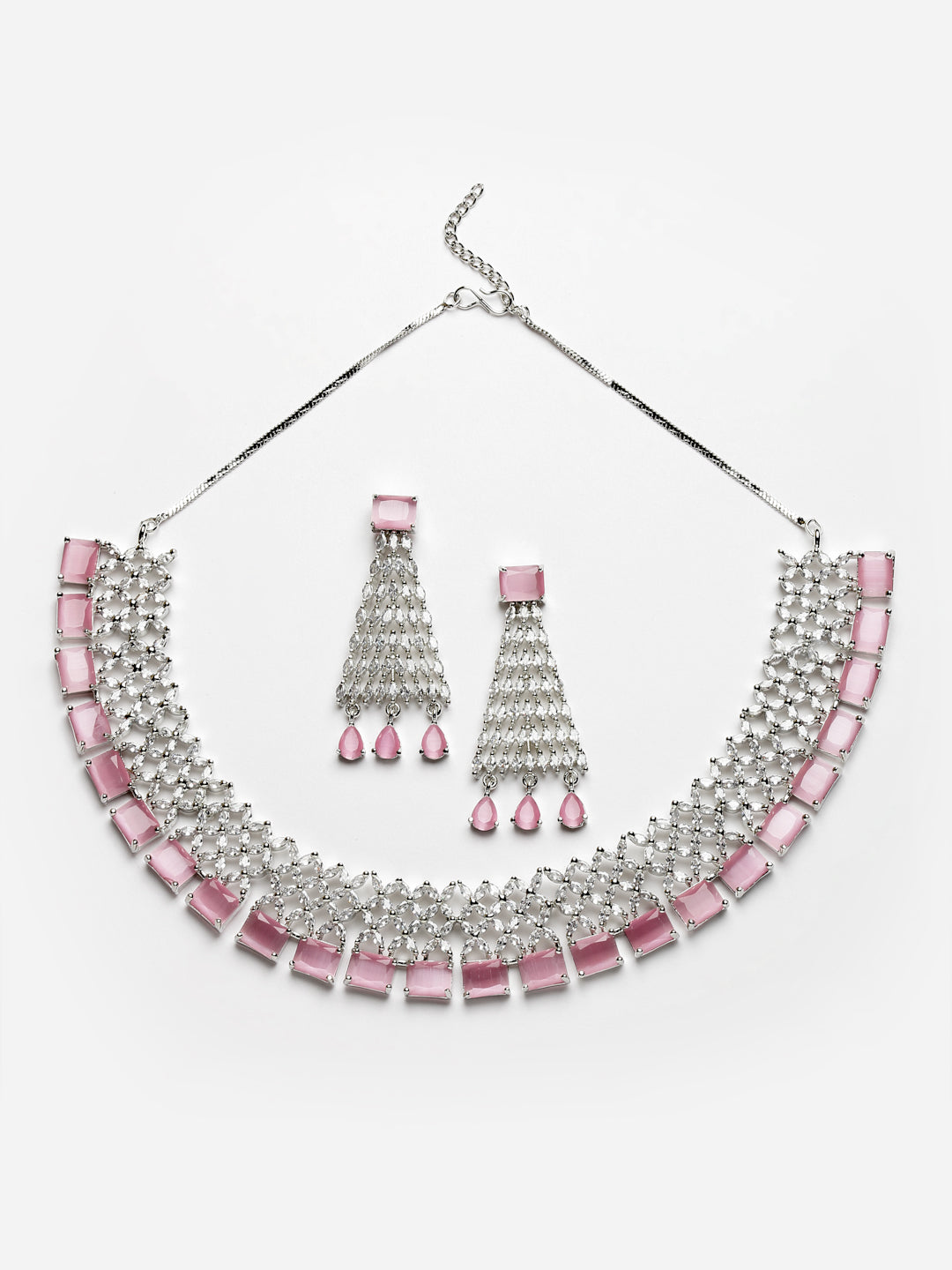 Arrabi Pink American Diamond Jewellery Set with 2 Earrings(30 cm)