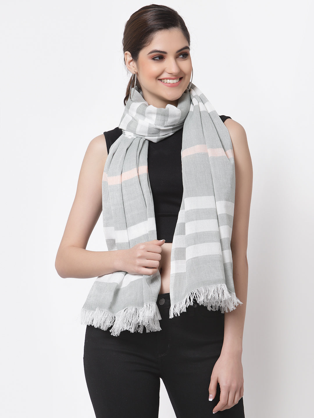 Arrabi Grey Stripes Handwoven Cotton Full Size Stole (185 x 85 cm)