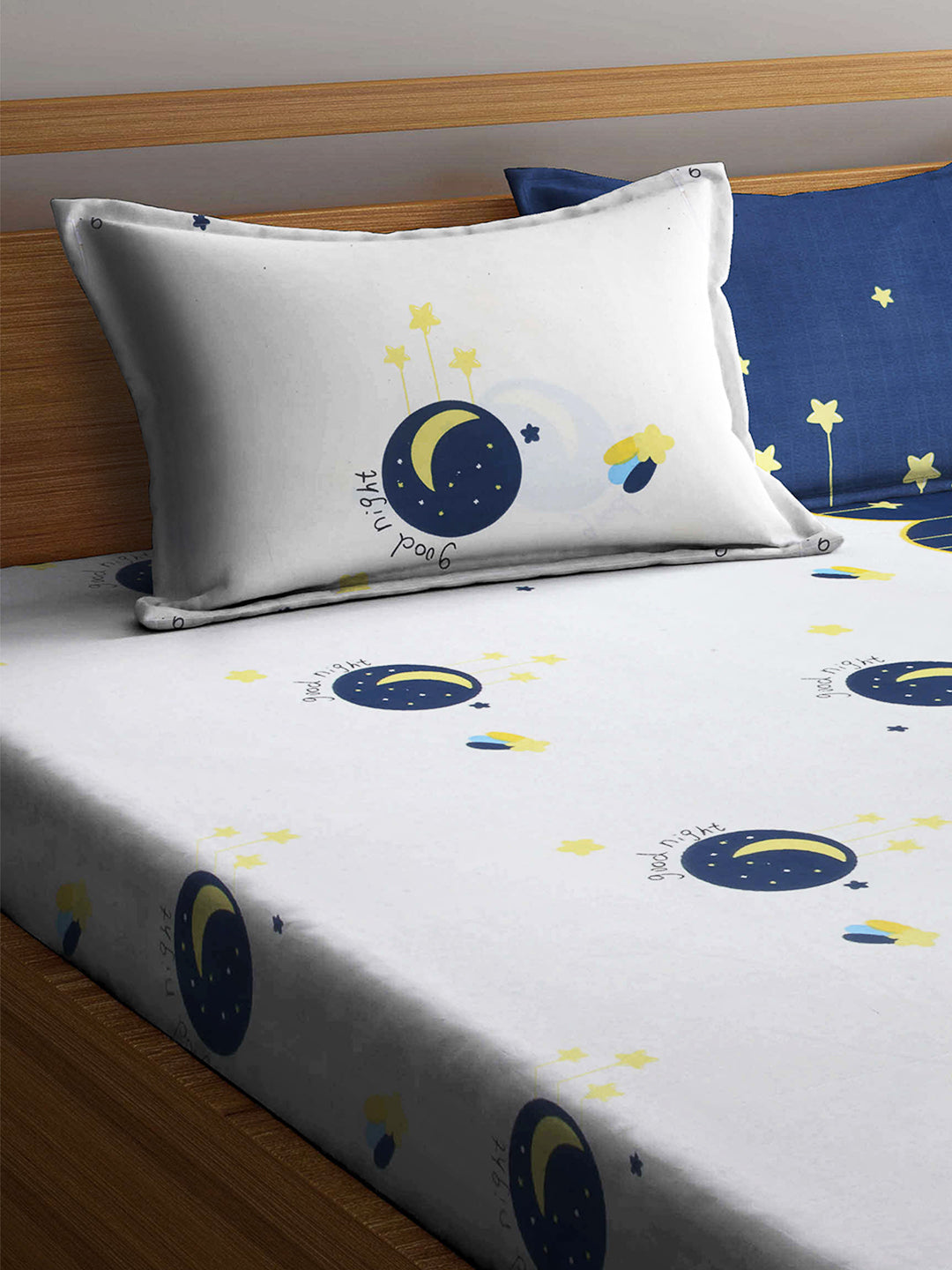 Arrabi Blue Graphic TC Cotton Blend Double Size Bedsheet with 2 Pillow Cover (250 x 225 cm)